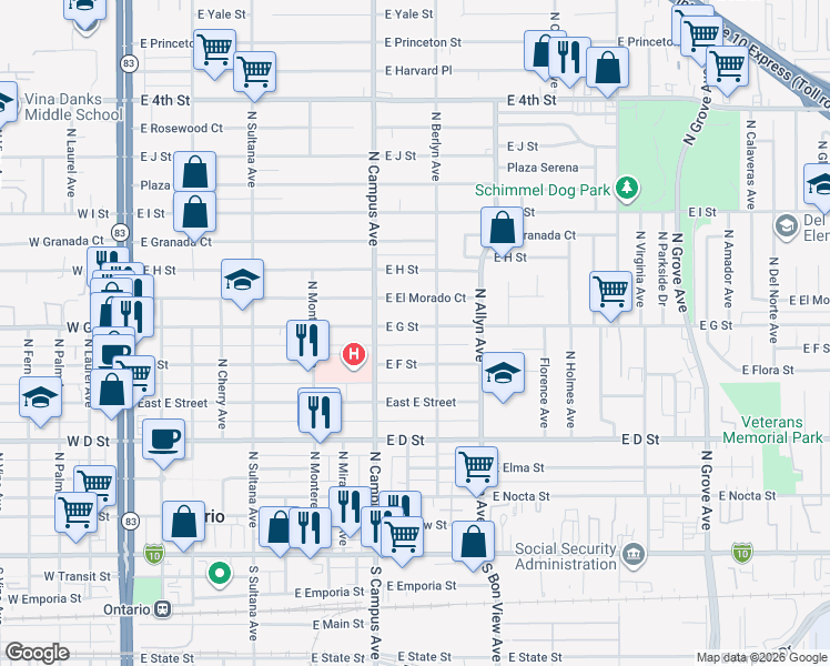 map of restaurants, bars, coffee shops, grocery stores, and more near 744 East G Street in Ontario
