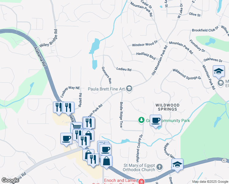 map of restaurants, bars, coffee shops, grocery stores, and more near 4976 Gunners Pass in Roswell
