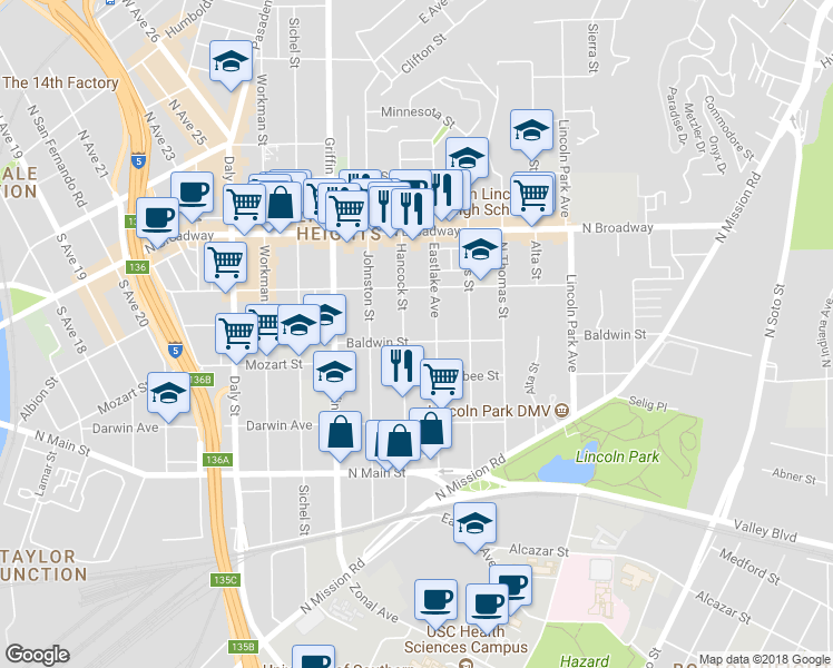 map of restaurants, bars, coffee shops, grocery stores, and more near 3111 Baldwin Street in Los Angeles