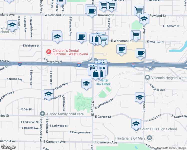 map of restaurants, bars, coffee shops, grocery stores, and more near 2451 East Garvey Avenue South in West Covina