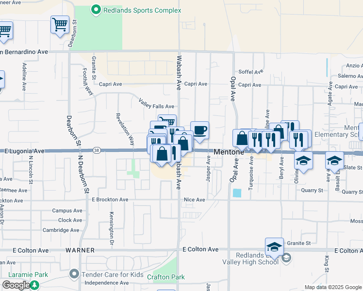 map of restaurants, bars, coffee shops, grocery stores, and more near 1703 Mentone Boulevard in Mentone