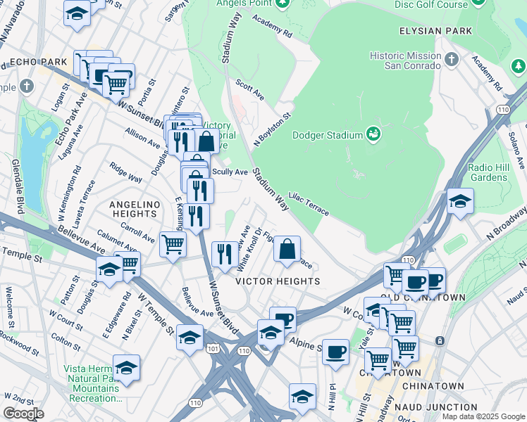 map of restaurants, bars, coffee shops, grocery stores, and more near 1029 White Knoll Drive in Los Angeles