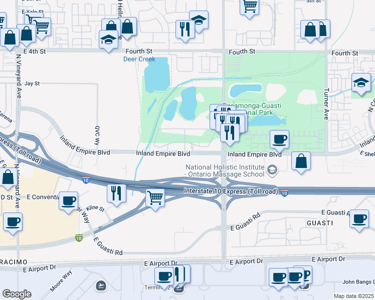 map of restaurants, bars, coffee shops, grocery stores, and more near 2615 Inland Empire Boulevard in Ontario
