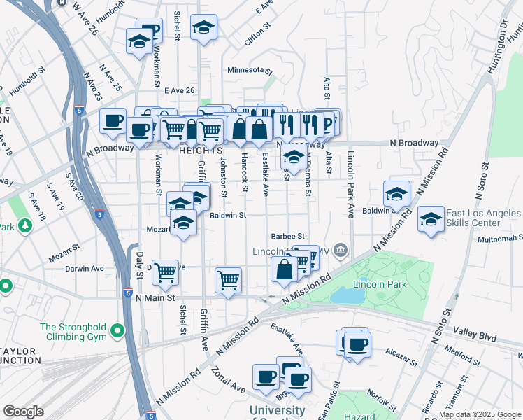 map of restaurants, bars, coffee shops, grocery stores, and more near 3127 Baldwin Street in Los Angeles