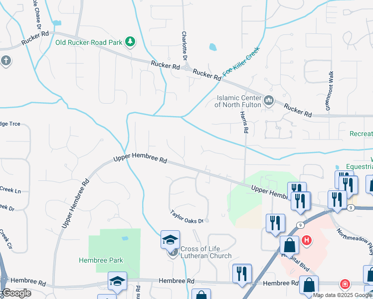 map of restaurants, bars, coffee shops, grocery stores, and more near 135 Foe Creek Court in Roswell