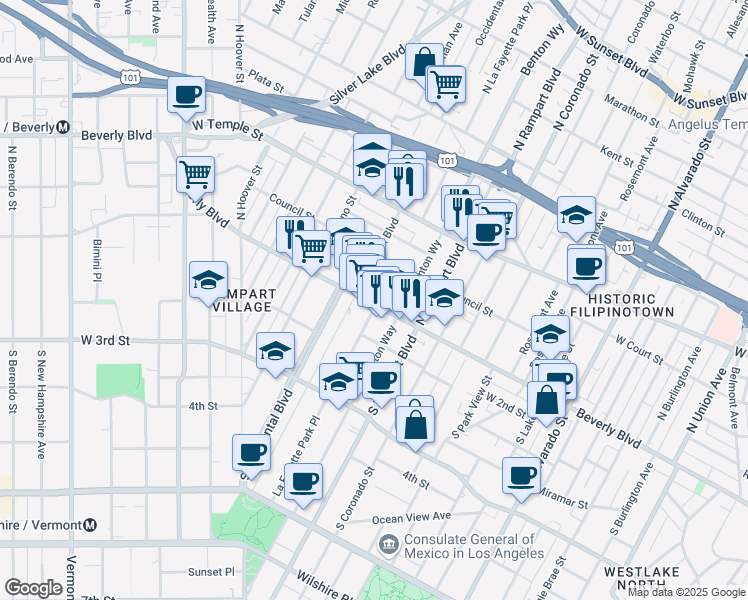 map of restaurants, bars, coffee shops, grocery stores, and more near in Los Angeles