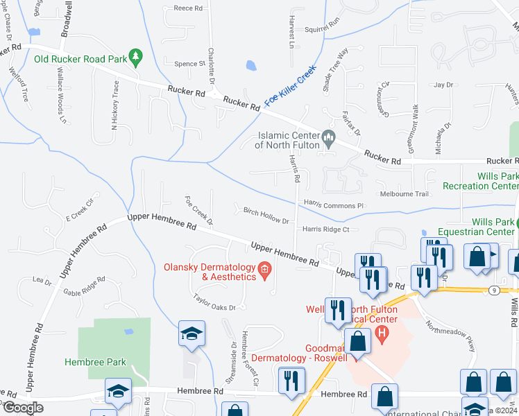 map of restaurants, bars, coffee shops, grocery stores, and more near 8571 Birch Hollow Drive in Roswell