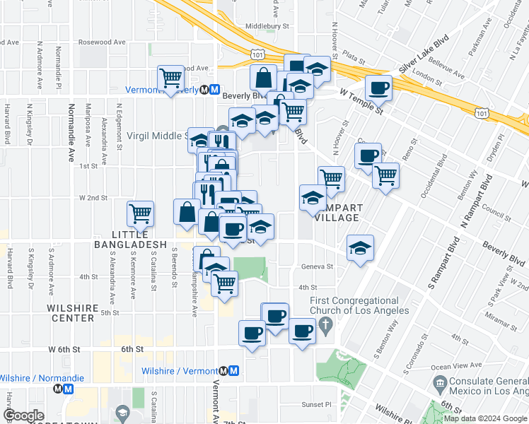 map of restaurants, bars, coffee shops, grocery stores, and more near 204 South Juanita Avenue in Los Angeles