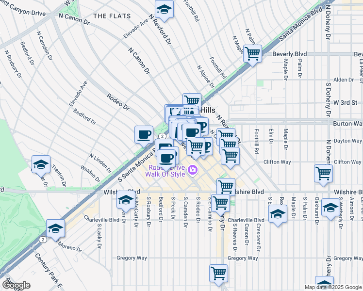 map of restaurants, bars, coffee shops, grocery stores, and more near 9400 Brighton Way in Beverly Hills