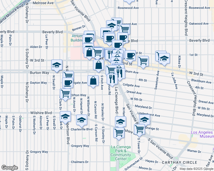 map of restaurants, bars, coffee shops, grocery stores, and more near 439 Le Doux Road in Los Angeles