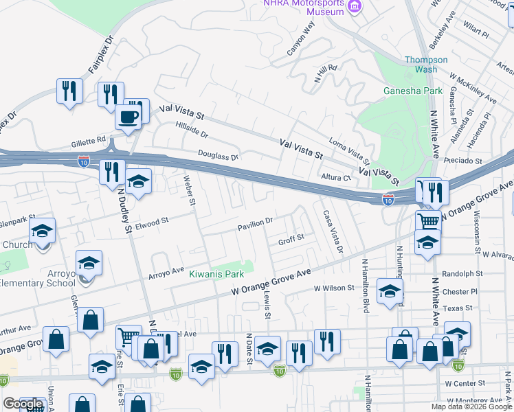 map of restaurants, bars, coffee shops, grocery stores, and more near 1116 Murchison Avenue in Pomona