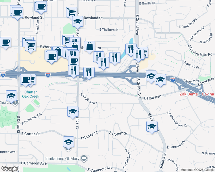 map of restaurants, bars, coffee shops, grocery stores, and more near 3202 Pebblebrook Road in West Covina