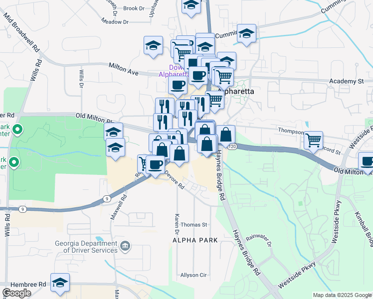 map of restaurants, bars, coffee shops, grocery stores, and more near 170 South Main Street in Alpharetta