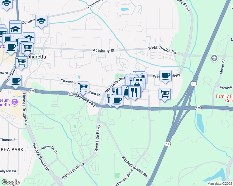 map of restaurants, bars, coffee shops, grocery stores, and more near 316 South Esplanade in Alpharetta