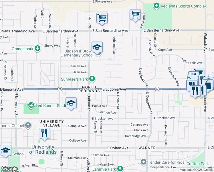 map of restaurants, bars, coffee shops, grocery stores, and more near 1418 Claire Avenue in Redlands