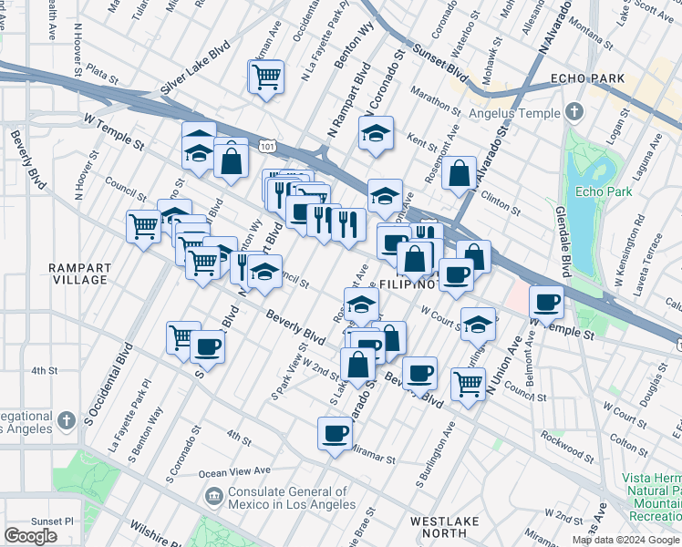 map of restaurants, bars, coffee shops, grocery stores, and more near 230 North Park View Street in Los Angeles