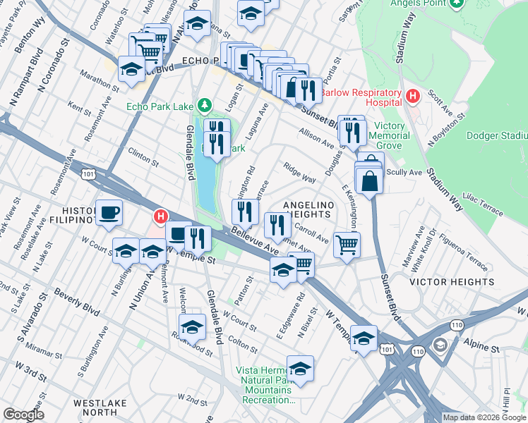 map of restaurants, bars, coffee shops, grocery stores, and more near 666 Laveta Terrace in Los Angeles