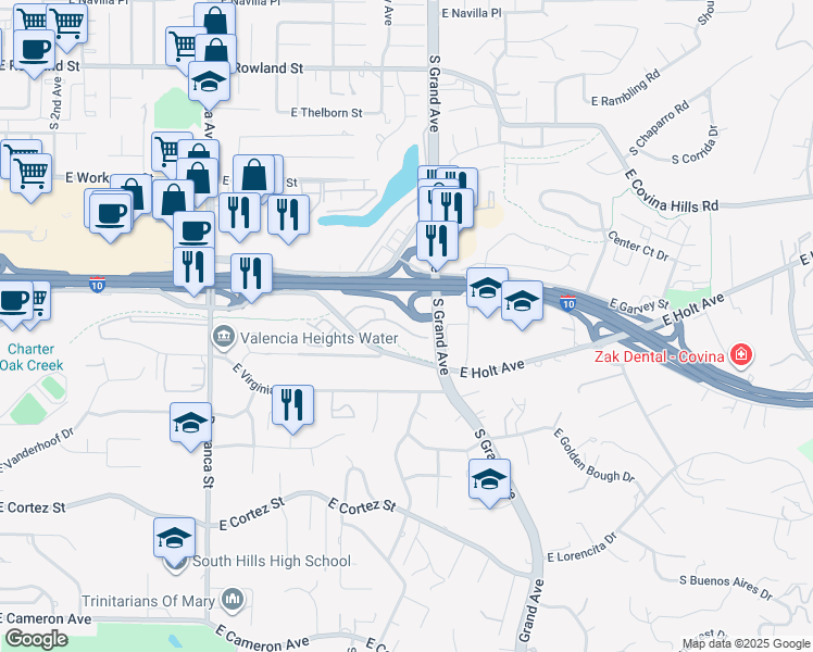 map of restaurants, bars, coffee shops, grocery stores, and more near 3295 East Springcreek Drive in West Covina