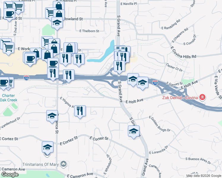 map of restaurants, bars, coffee shops, grocery stores, and more near 179 South Grand Avenue in West Covina