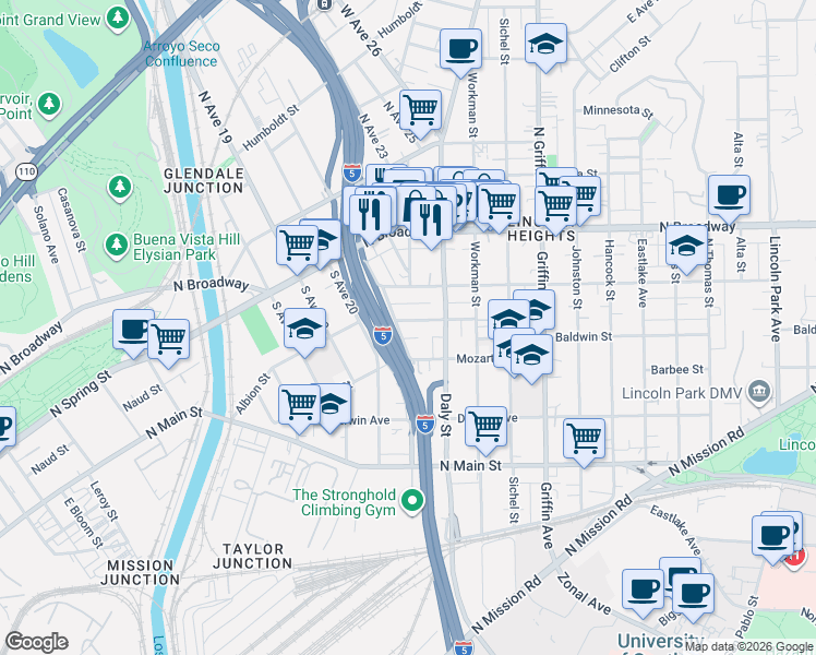 map of restaurants, bars, coffee shops, grocery stores, and more near 2129 Vallejo Street in Los Angeles
