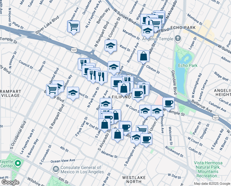 map of restaurants, bars, coffee shops, grocery stores, and more near 236 North Lake Street in Los Angeles