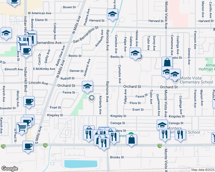 map of restaurants, bars, coffee shops, grocery stores, and more near Ramona Avenue in Montclair