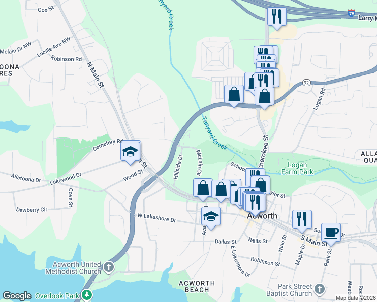 map of restaurants, bars, coffee shops, grocery stores, and more near 4774 Hillside Drive in Acworth