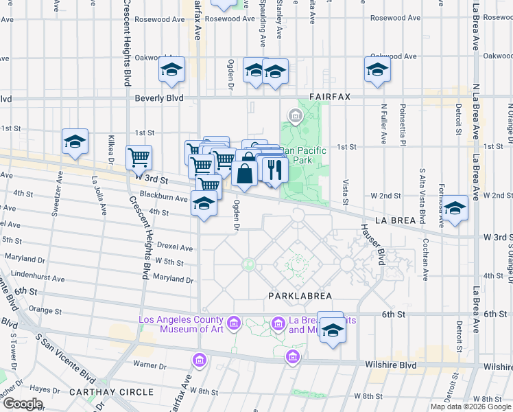 map of restaurants, bars, coffee shops, grocery stores, and more near 6260 West 3rd Street in Los Angeles