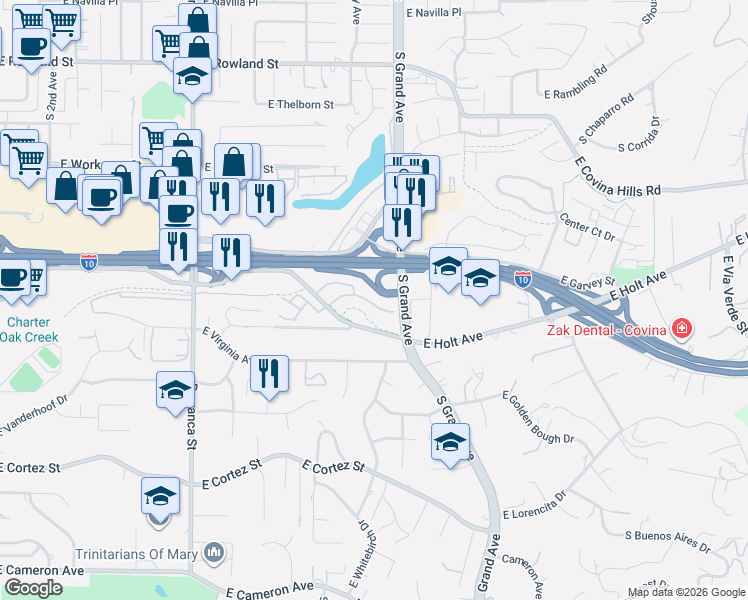 map of restaurants, bars, coffee shops, grocery stores, and more near 3295 East Springcreek Drive in West Covina