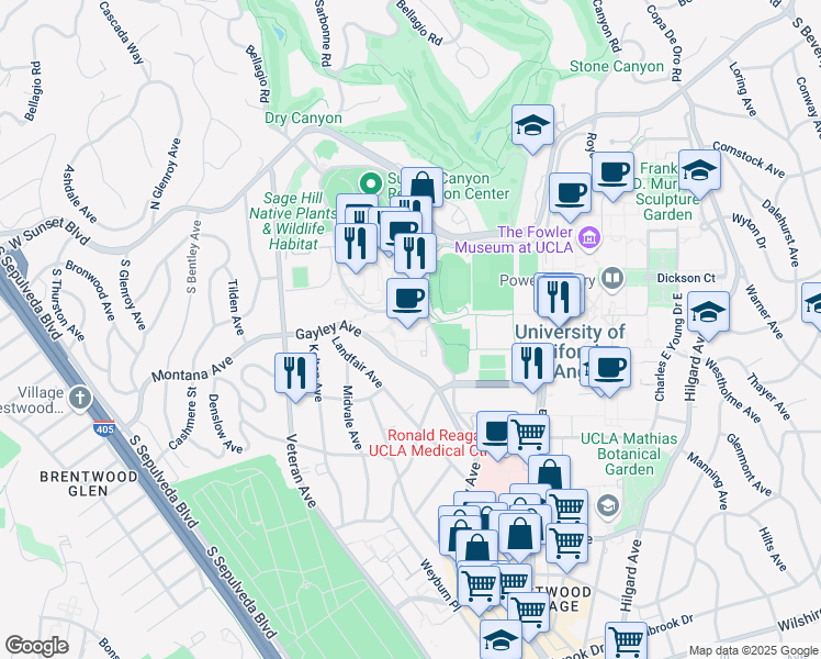 map of restaurants, bars, coffee shops, grocery stores, and more near 351 Charles E Young Drive West in Los Angeles