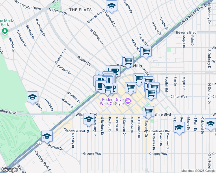 map of restaurants, bars, coffee shops, grocery stores, and more near 505 North Rodeo Drive in Beverly Hills
