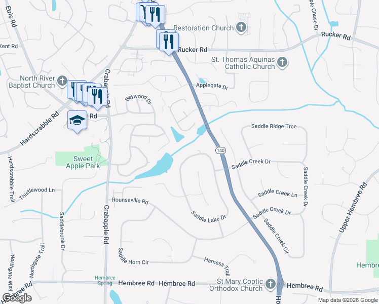 map of restaurants, bars, coffee shops, grocery stores, and more near 215 Saddle Lake Drive in Roswell