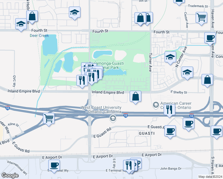map of restaurants, bars, coffee shops, grocery stores, and more near 2840 East Via Fiano in Ontario