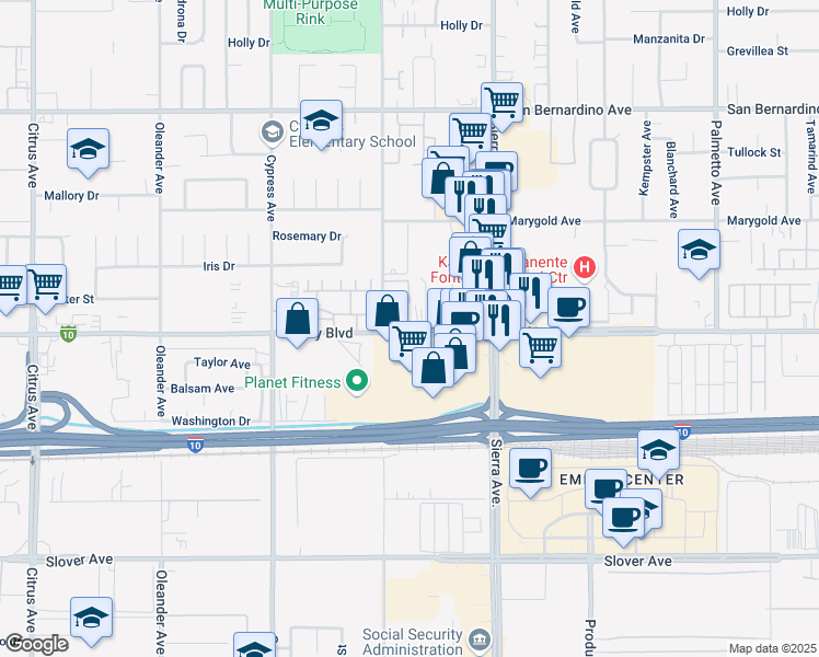 map of restaurants, bars, coffee shops, grocery stores, and more near in Fontana