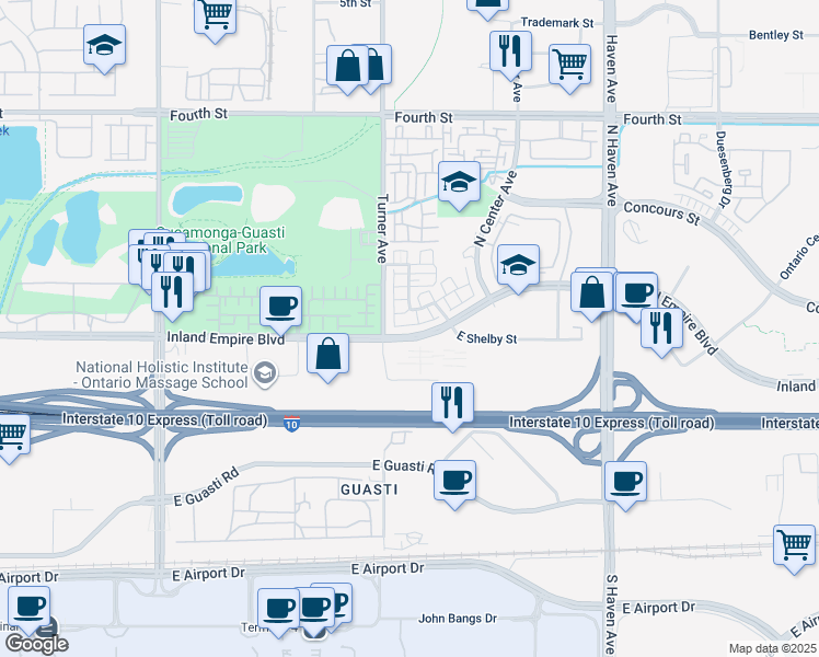 map of restaurants, bars, coffee shops, grocery stores, and more near 3132 Triumph Lane in Ontario