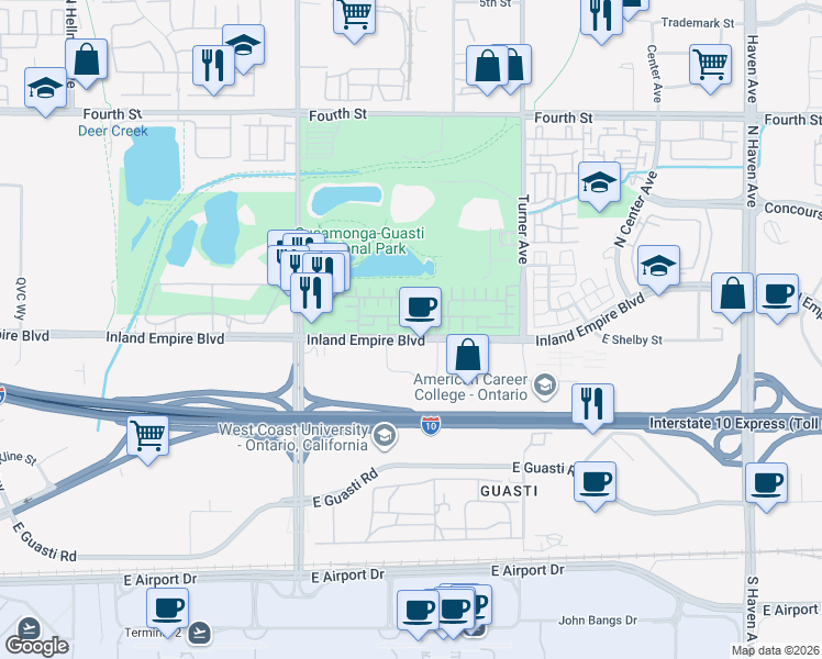 map of restaurants, bars, coffee shops, grocery stores, and more near 2886 East Via Fiano in Ontario