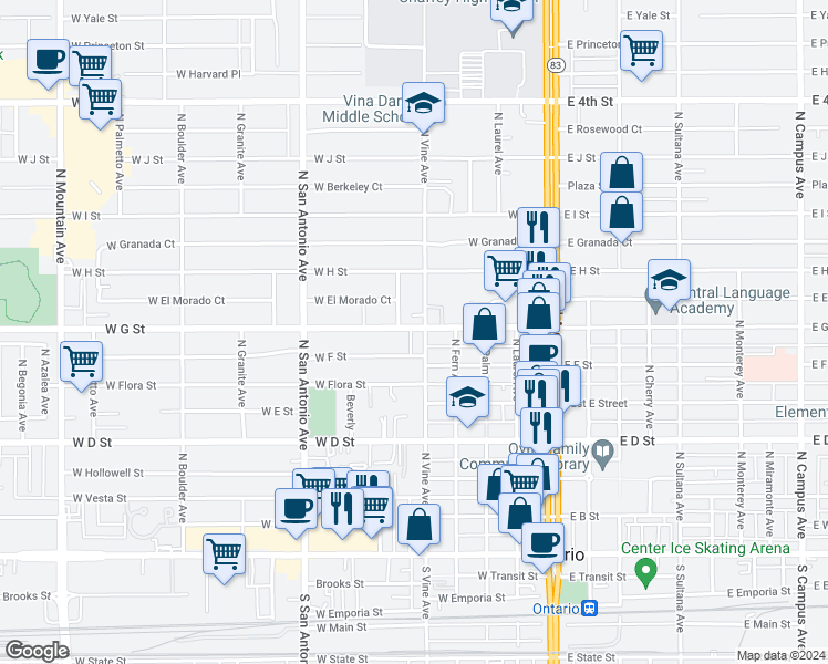 map of restaurants, bars, coffee shops, grocery stores, and more near 705 North Bonita Court in Ontario