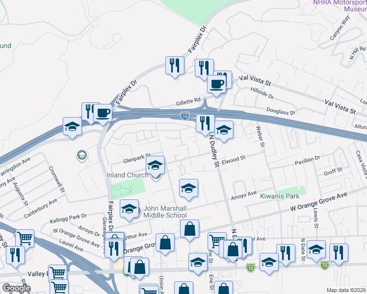map of restaurants, bars, coffee shops, grocery stores, and more near 1616 Winn Court in Pomona