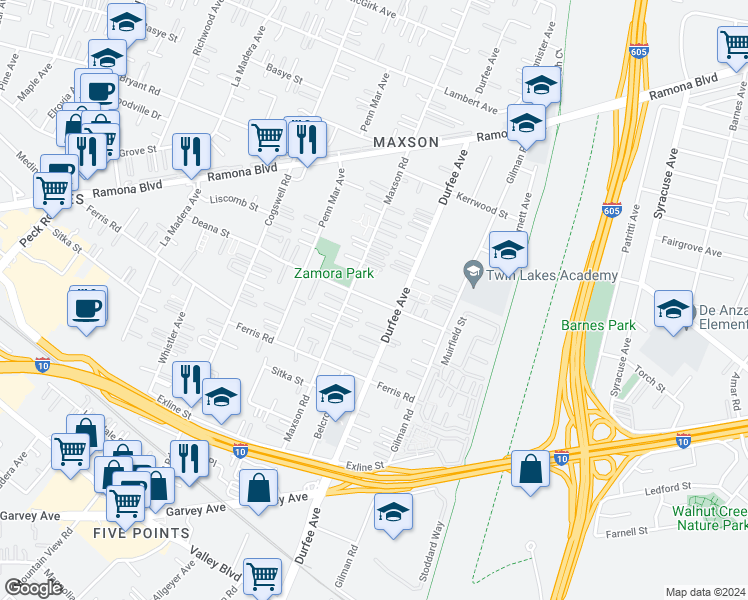 map of restaurants, bars, coffee shops, grocery stores, and more near 3812 Maxson Road in El Monte