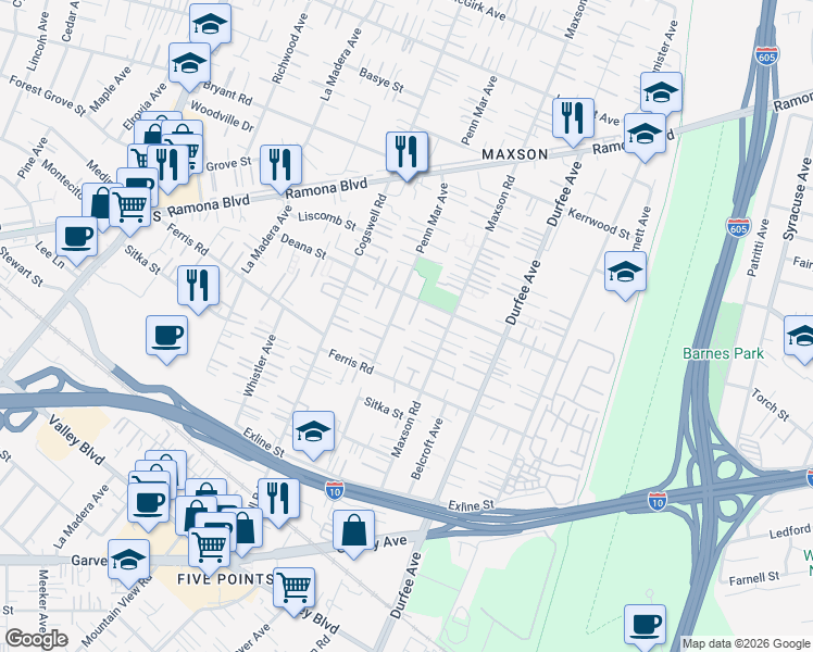map of restaurants, bars, coffee shops, grocery stores, and more near 3726 Penn Mar Avenue in El Monte