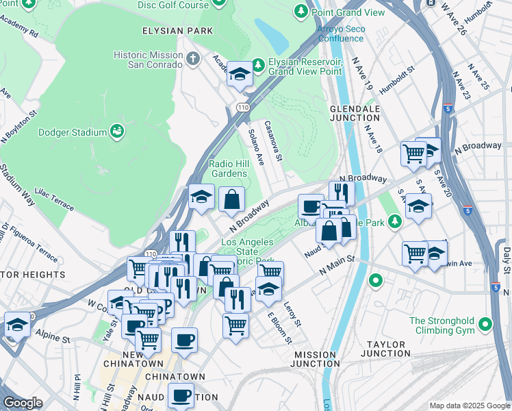 map of restaurants, bars, coffee shops, grocery stores, and more near 1349 North Broadway in Los Angeles