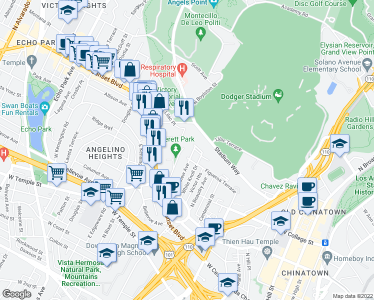 map of restaurants, bars, coffee shops, grocery stores, and more near 1047 Everett Place in Los Angeles