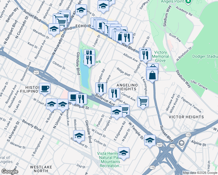 map of restaurants, bars, coffee shops, grocery stores, and more near 666 Laveta Terrace in Los Angeles