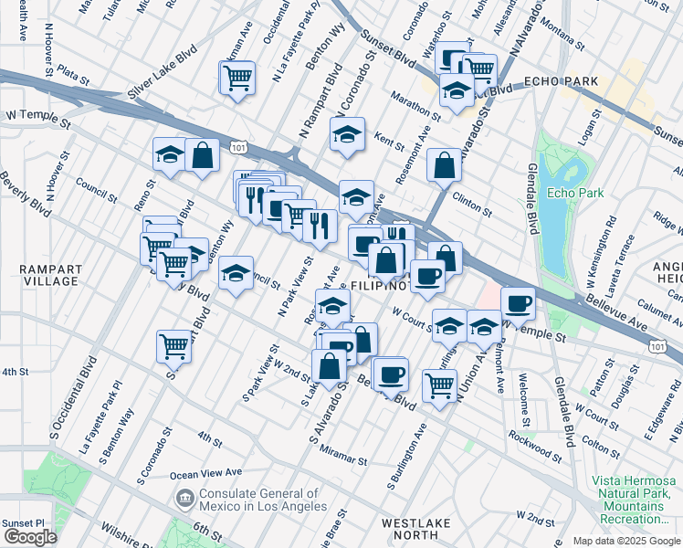 map of restaurants, bars, coffee shops, grocery stores, and more near 2240E West Temple Street in Los Angeles