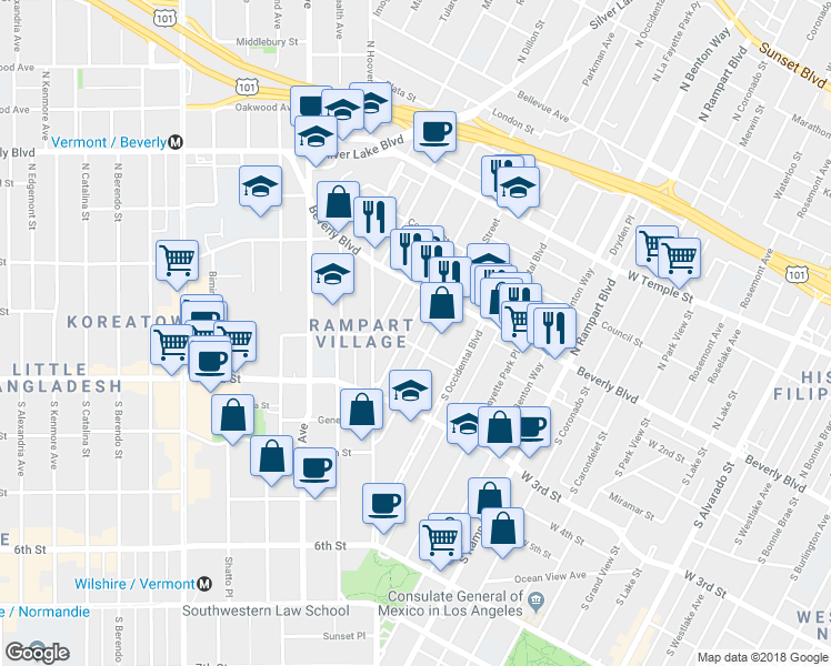 map of restaurants, bars, coffee shops, grocery stores, and more near 126 South Vendome Street in Los Angeles