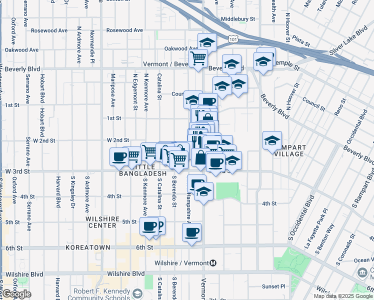map of restaurants, bars, coffee shops, grocery stores, and more near 209 South New Hampshire Avenue in Los Angeles