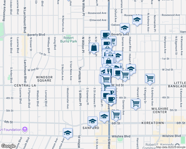 map of restaurants, bars, coffee shops, grocery stores, and more near 200 South Gramercy Place in Los Angeles