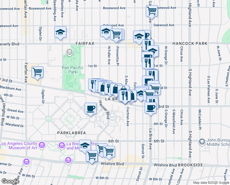 map of restaurants, bars, coffee shops, grocery stores, and more near 5876 West 2nd Street in Los Angeles