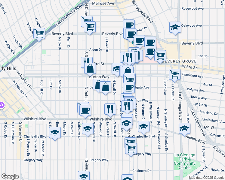 map of restaurants, bars, coffee shops, grocery stores, and more near 303 North Swall Drive in Beverly Hills