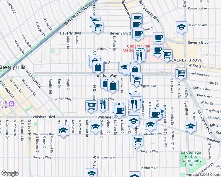 map of restaurants, bars, coffee shops, grocery stores, and more near 302 North Almont Drive in Beverly Hills